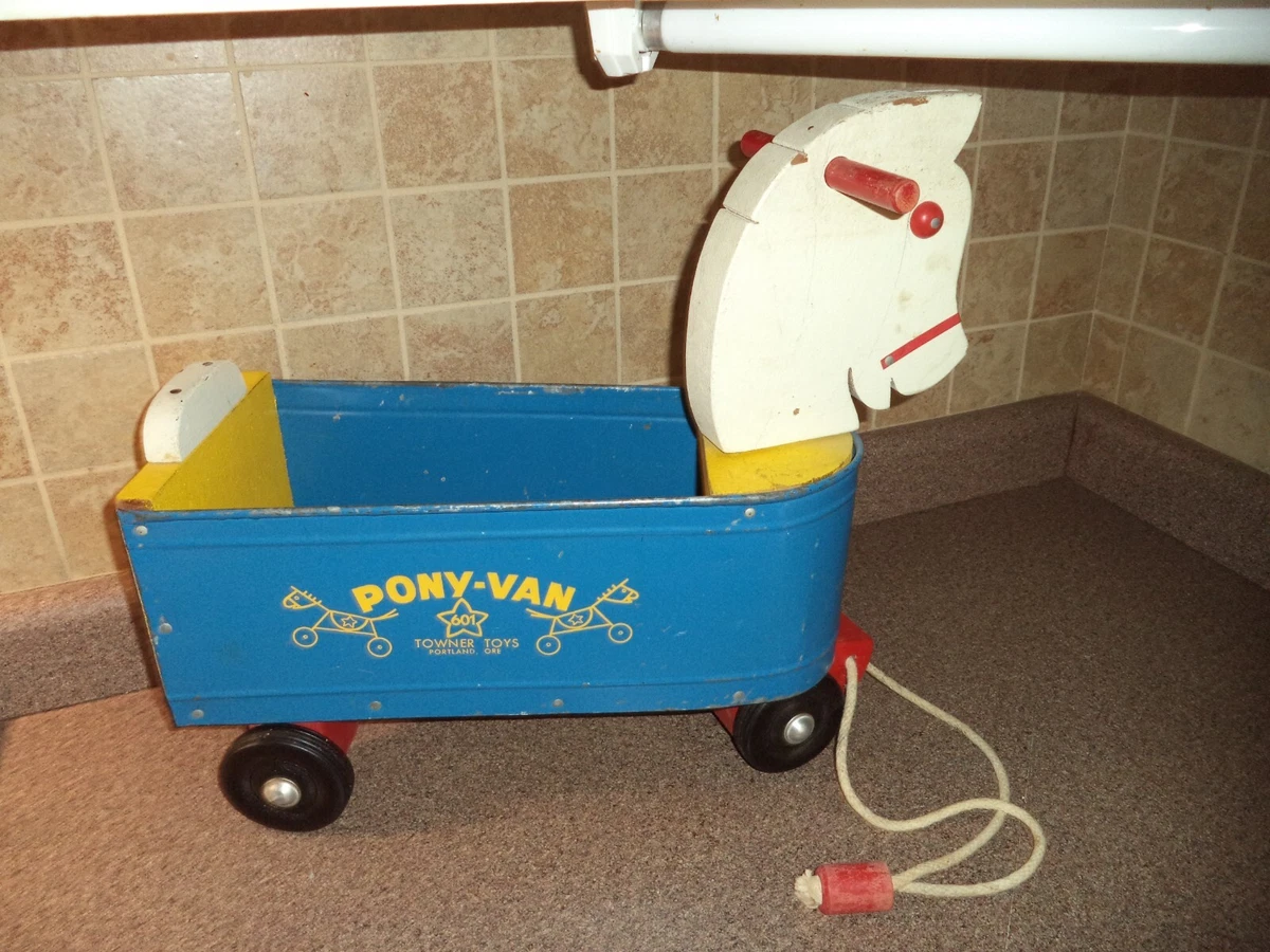 Vintage 1950 s Towner Toys Pony Van pull cart ride on toy wagon wood metal