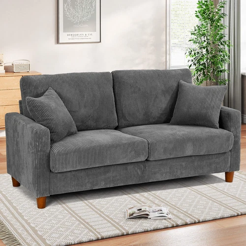 Modern Jumbo Cord Sofa Couch Corduroy Sofa 3-Seater with 2 Throw Pillows Green - Picture 8 of 47