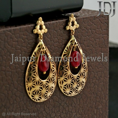 Solid 18k Yellow Gold Ruby Wedding Earrings Dangle Gemstone Party Wear Jewelry - Picture 2 of 9