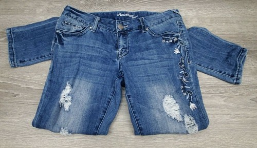 AMETHYST Bethany Girls Youth Size 7 Blue Distressed Embroidered Denim Blue Jeans - Picture 7 of 10