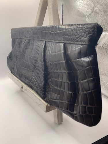 Dark Brown Alfani Alligator Leather Clutch With Kisslock Closure - Picture 3 of 20