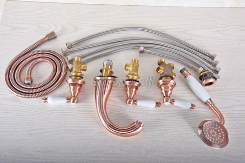 Antique Red Copper 5 Holes Bathroom Roman Tub Faucet Mixet Tap w/ Hand Shower - Picture 3 of 9
