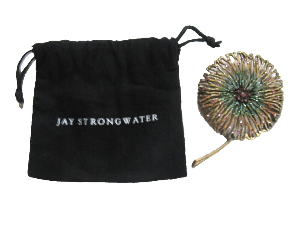 Broche/Pin Jay Strongwater Grande 4" Tono Dorado y Verde con Estrás Rosa Flor