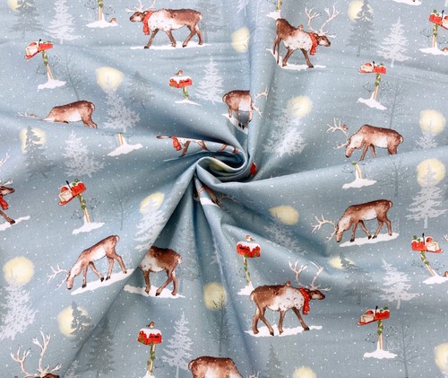 Grey Christmas Cotton Fabric Winter Moon Robin Woodland Reindeer for Patchwork - Picture 14 of 22