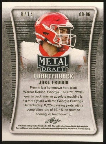 Jake Fromm 2020 Leaf Metal Draft Quarterback Pink Prizm Refractor #6/15 - Bild 2 von 2