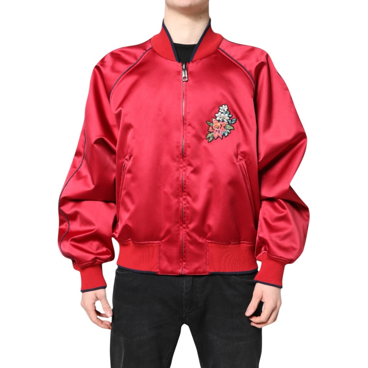 ジャケット・アウター DOLCE&GABBANA/zip flight jacket DOLCE & GABBANA Jacket Red Floral Patch Full Zip Men Bomber
