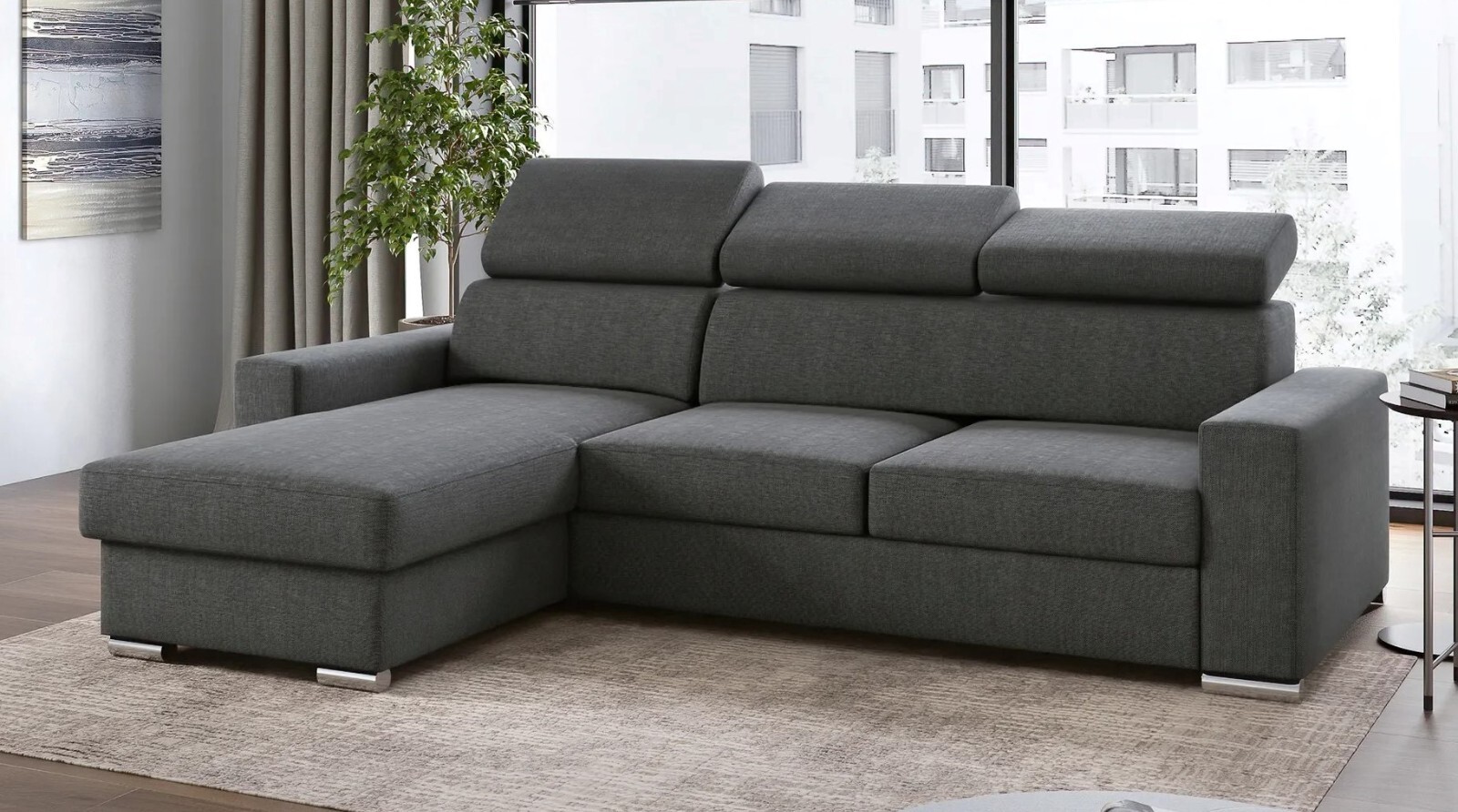 Ecksofa Bari Webstoff Anthrazit Grau mit Bett und Bettkasten Sofa Schlafsofa