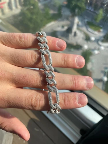 Real Solid 925 Silver Mens Figaro Bracelet 13mm Iced Out CZ Heavy HipHop 7.5in - 第 6/7 張圖片