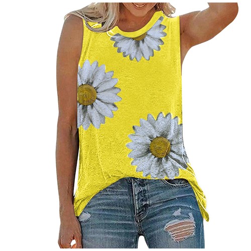 Women Summer Tops O-neck Daisy Print Sleeveless Tank T-Shirts Graphic Blouse Top - Picture 8 of 22