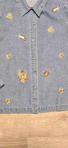 Hierba Limón Otoño Bordado Azul Denim Manga Larga Abotonada Talla PM - Imagen 8 de 13