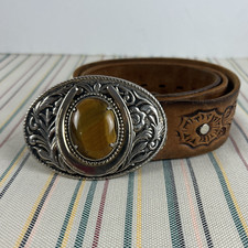 VTG Leather Belt Mens Brown Hand Tooled Tiger Eye Western Buckle Fits 36"-42"
