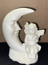 Vintage Kitschy Bisque Angel Baby Cherub Sitting on Cresent Moon Exc. Cond. #263