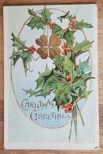 Holly & Gold 4 Lead Clover Christmas Postcard PC 1911