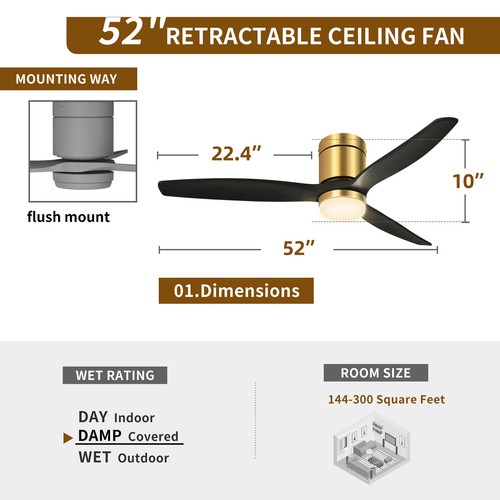 52" Modern Ceiling Fan with Lights & Remote Low Profile Ceiling Fan for Bedroom - Picture 18 of 19