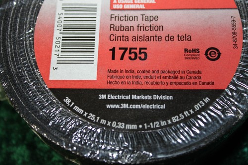 3M Temflex Cotton Friction Tape 1755, Black, 1-1/2" Width, 82-1/2 Foot Length - Picture 2 of 2