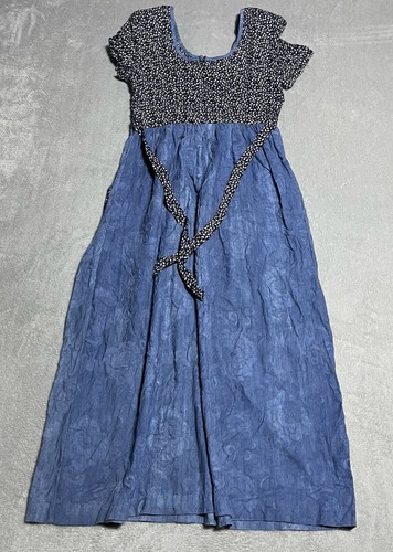 Vintage John Robert Dress Womens 8 Blue Floral Leaf Short Sleeve Heart Button - Picture 10 of 12