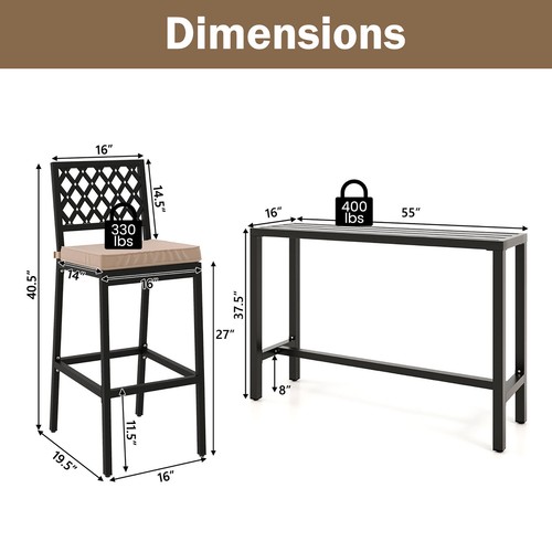 3PCS Outdoor Metal Bar Table & Chairs Set Patio Dining Table Set w/ Cushion - Picture 2 of 7
