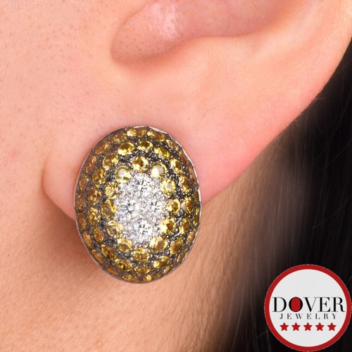 Estate Diamond 6.00cts Sapphire 18K Gold Oval Pave Dome Stud Earrings 13.6Gr NR