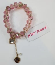 Betsey Johnson Rose Beaded Dangling Heart Bracelet New