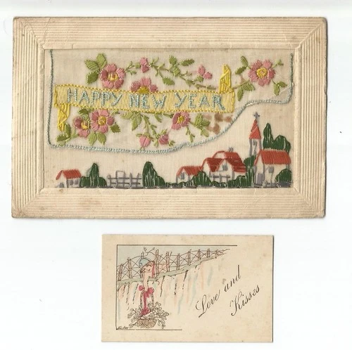 SILK WOVEN - FLAP & INSERT CARD - HAPPY NEW YEAR - WW1  POSTCARD - MILITARY