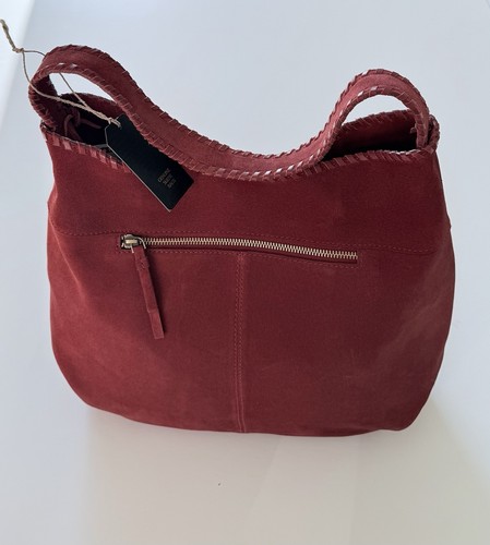 Neu echt Wildleder burgunderrot Peitschenstich Hobo Schultertasche kurzer Griff breiter Boden - Bild 2 von 9