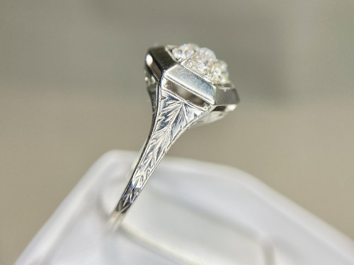 Vintage Art Deco 18k White Gold Old European Natural Diamond Cluster Ring - Picture 5 of 8