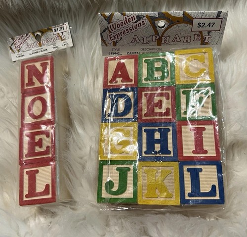 Vintage Wooden Expressions Alphabet & Noel Wood Blocks 1”x1” Craft Taiwan NOS - Picture 2 of 8