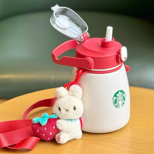 New 2025 China Starbucks Strawberry Rabbit Charm 34oz SS Straw Cup Water Bottle - Picture 3 of 6