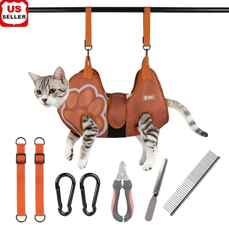 Pet Grooming Hammock Kit W/ Adjustable Straps Nail Clipper Comb & Snap Hooks New