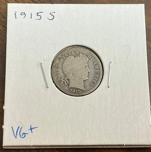 1915-S Barber Silver Dime 10c - VG+.