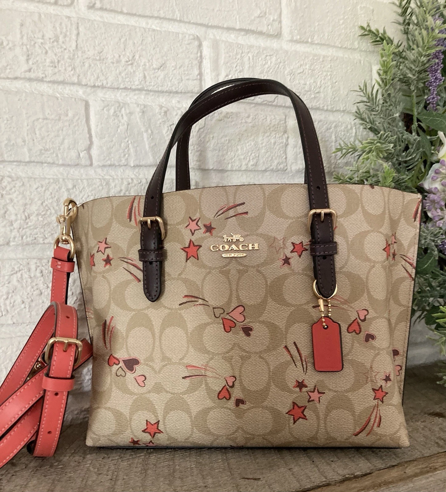 Borsa Coach Mollie firmata tela tracolla cuori stelle nuova con etichetta CK561