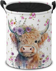 Highland Cow with Flowers Laundry Hamper Basket,Watercolor Floral Collapsible Po
