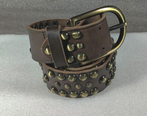 L P Vintage Leather Belt Women Large Brown Bead Studded 2 Inch Wide Rock Punk