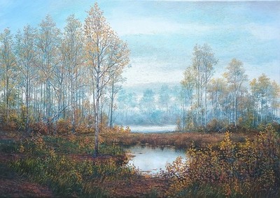 Herbstlicher Waldsee - großes Original Ölgemälde 70x50cm - neblige Herbstlandschaft