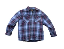 St Johns Bay Jacket Mens Large Gray Red Plaid Quilted Flannel Lined Workwear Y2K