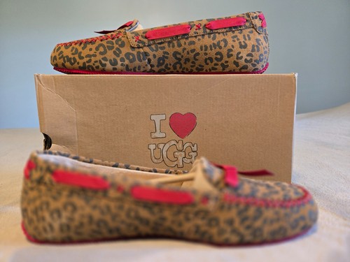 I Heart ❤ UGG Australia Belle Moc Slipper Chestnut/Red/Leopard Fur Wool Suede 10 - Picture 3 of 13