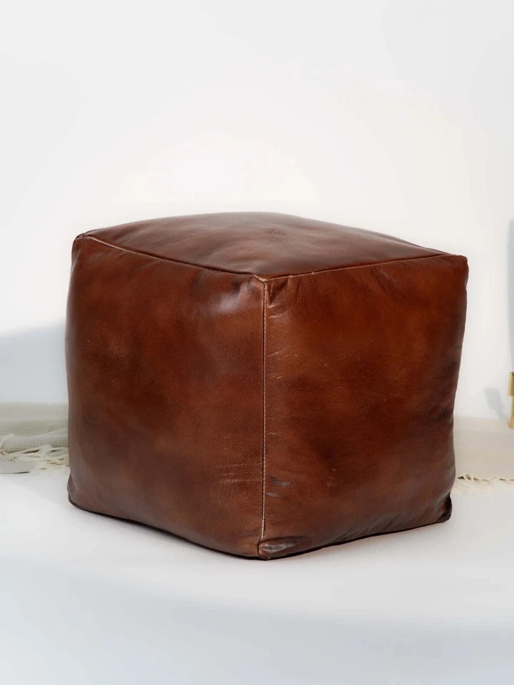 Handmade eco- friendly Square SHAPED STUFFED BUFFALO LEATHER BROWN POUF - Image 2 of 4