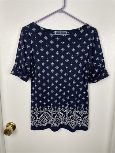 Blusa Karen Scott para mujer talla S azul marino y blanco manga corta algodón poliéster - Imagen 1 de 7