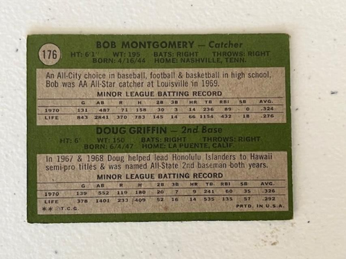 Red Sox 1971 Rookie Stars (Bob Montgomery / Doug Griffin) 1971 Topps #176 RC - Picture 2 of 2