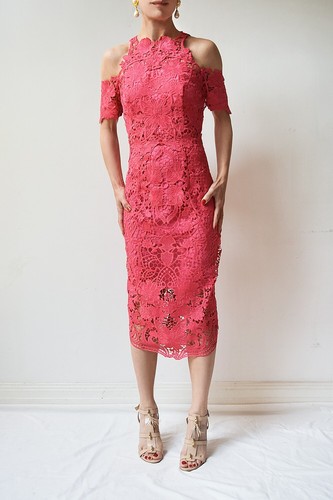 THURLEY Flower Bomb Pink Lace Cold-Shoulder Midi Pencil Dress Sz 12 $599