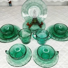 Vintage Jeanette Glass Child Tea Set Pretty Polly Doric & Pansy Ultramarine Teal