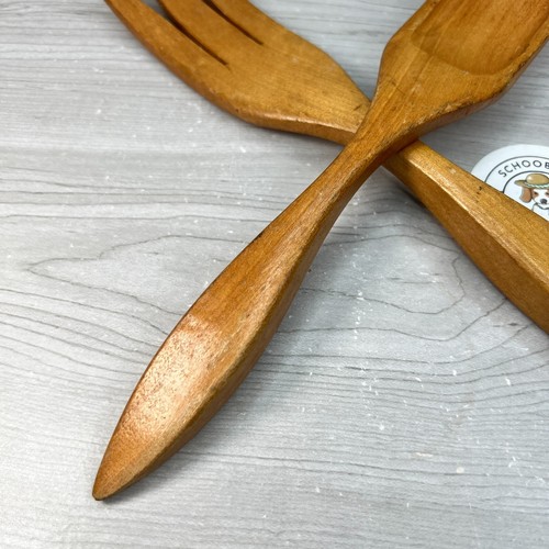 Vintage Wood Large Serving Fork & Spoon Salad Set MCM Utensil Kitchenware Used - Picture 4 of 17