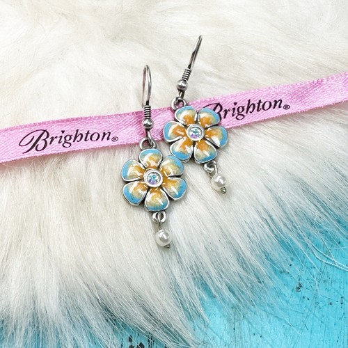Brighton Orchard Orange Flower Crystal Pearl Blue Silver Plate Hook Earrings - Picture 5 of 7