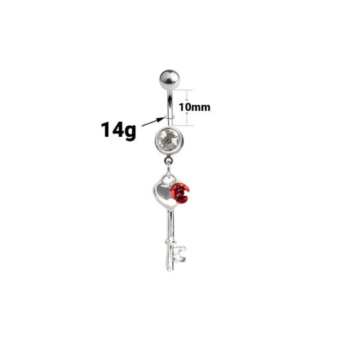 Belly Navel Dangle Ring Key with Red Rose and CZ Gem Design 14g - Picture 2 of 3