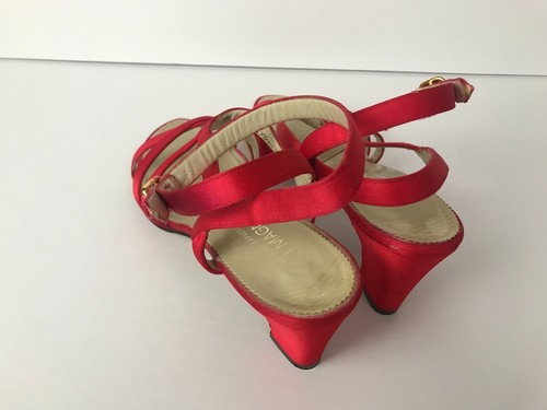 Gorgeous 80s Red Strappy Heels with Rhinestone Gold Buckles - Picture 5 of 6