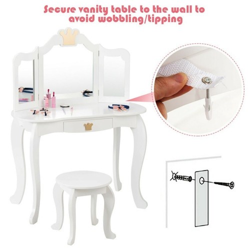 Kids Makeup Dressing Table & Stool Set Vanity Toddler Desk W/ Tri-folding Mirror - Picture 10 of 15