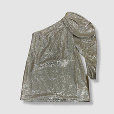 $2990 Carolina Herrera Womens Silver Silk Sequin Drape One-Shoulder Dress Size 6
