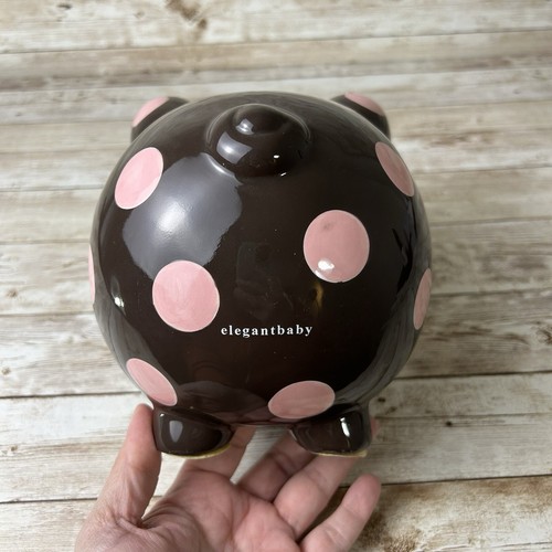 Elegant Baby Ceramic 1st Piggy Bank Dark Brown Pink Polka Dots *NO STOPPER PLUG - Picture 5 of 13