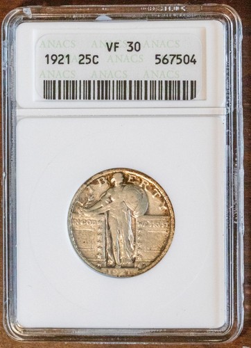 1921 25C Silver Standing Liberty Quarter ANACS VF 30 #567504 White Slab + Bonus - Picture 1 of 2