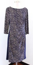 Lauren Ralph Lauren Navy Blue Tan Panel Printed Ruched Wiggle Dress Size 12
